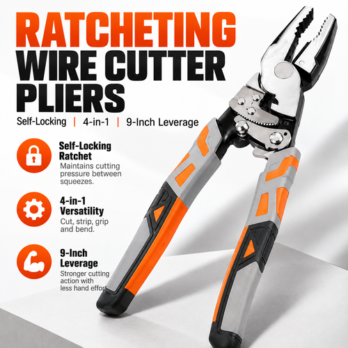 9" Ratcheting Self-Locking Wire Cutter Pliers