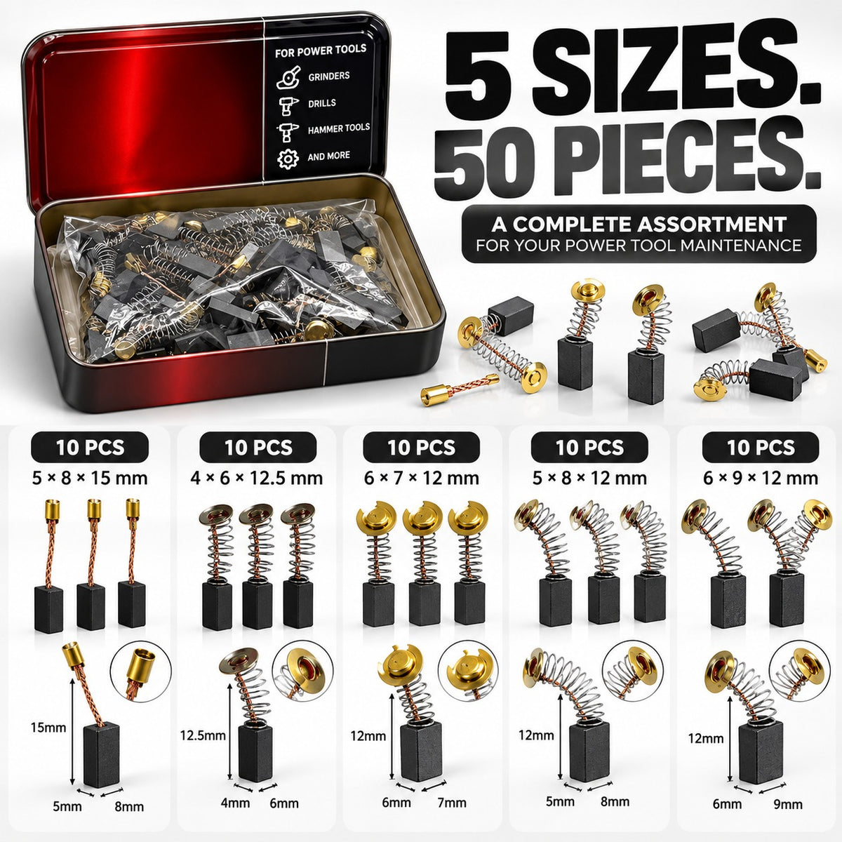 50-Piece Carbon Brush Assortment Kit